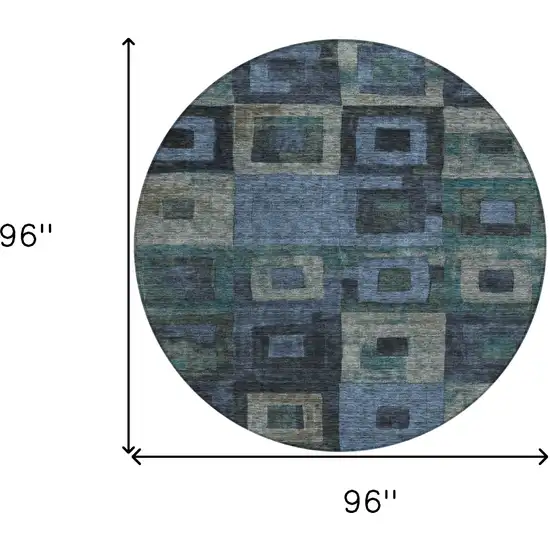 8' Blue Gray And Charcoal Round Geometric Washable Indoor Outdoor Area Rug Photo 9