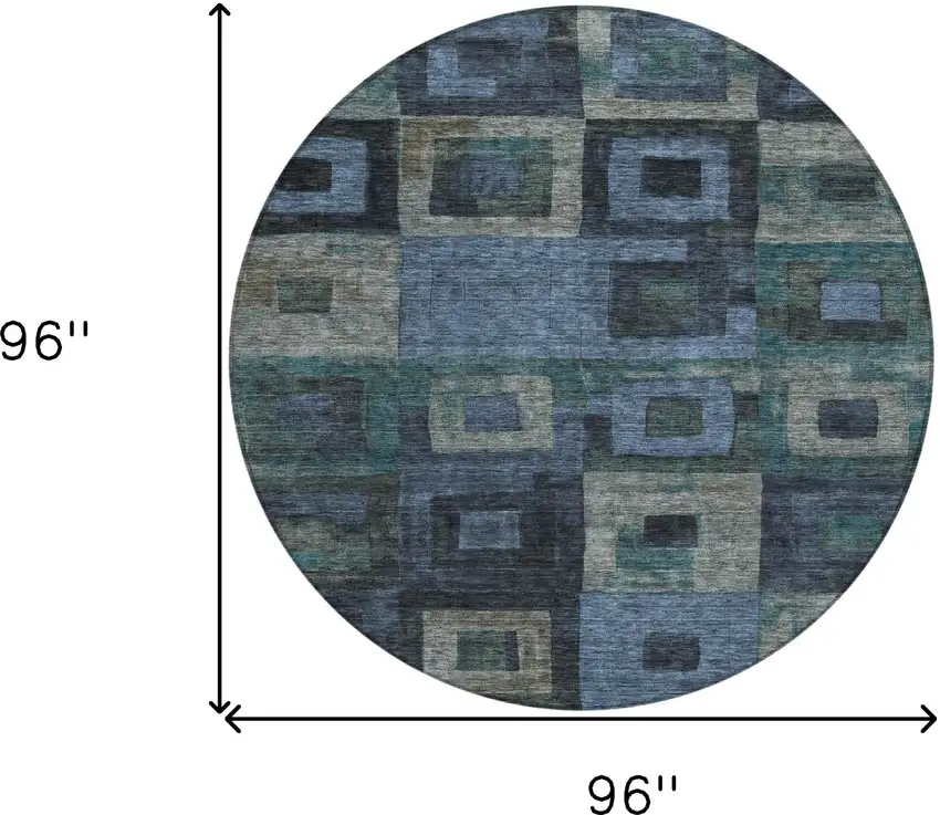 8' Blue Gray And Charcoal Round Geometric Washable Indoor Outdoor Area Rug Photo 9