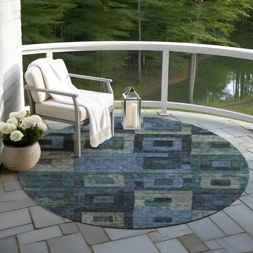 8' Blue Gray And Charcoal Round Geometric Washable Indoor Outdoor Area Rug Photo 7