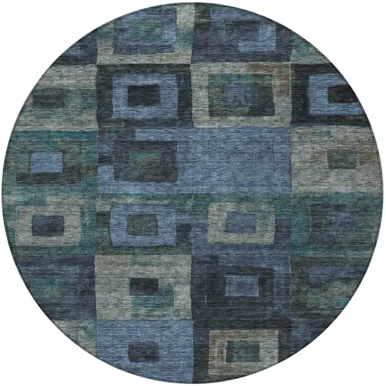8' Blue Gray And Charcoal Round Geometric Washable Indoor Outdoor Area Rug Photo 6