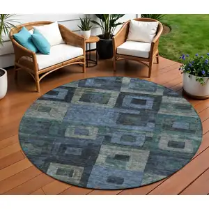 Photo of 8' Blue Gray And Charcoal Round Geometric Washable Indoor Outdoor Area Rug