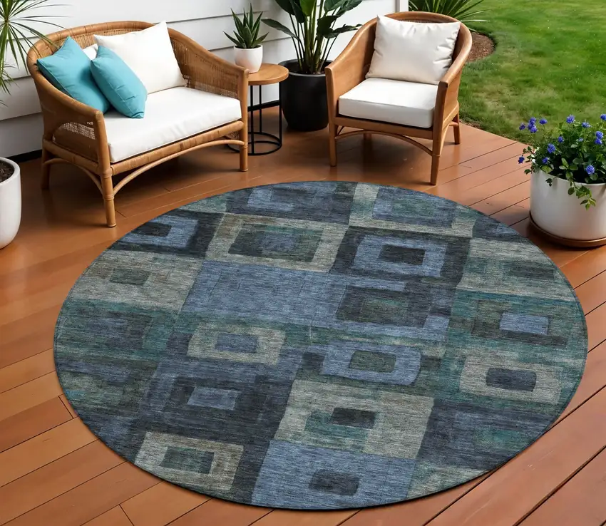 8' Blue Gray And Charcoal Round Geometric Washable Indoor Outdoor Area Rug Photo 1