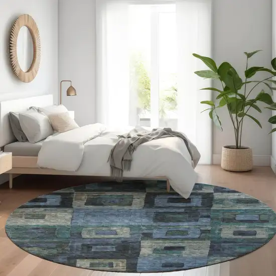 8' Blue Gray And Charcoal Round Geometric Washable Indoor Outdoor Area Rug Photo 8