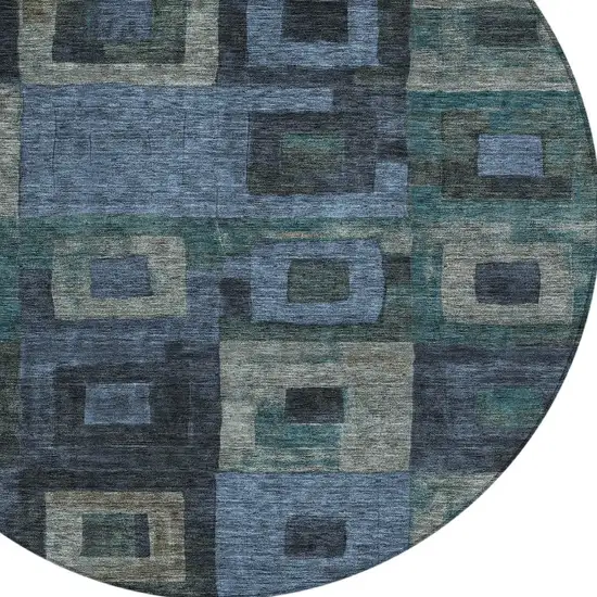 8' Blue Gray And Charcoal Round Geometric Washable Indoor Outdoor Area Rug Photo 5