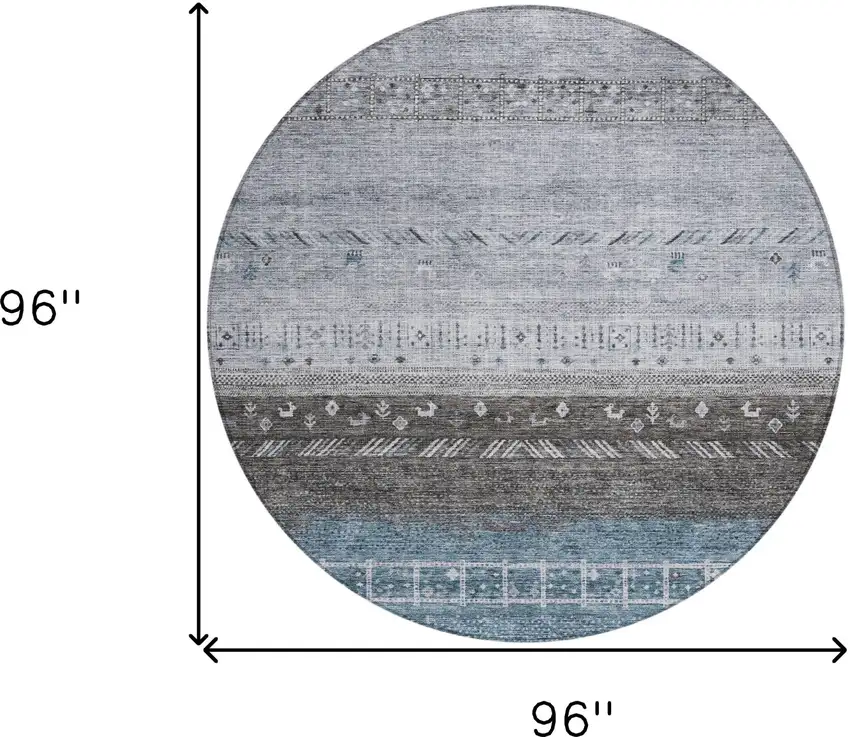 8' Blue Gray And Charcoal Round Southwestern Washable Indoor Outdoor Area Rug Photo 9
