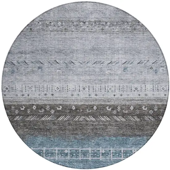 8' Blue Gray And Charcoal Round Southwestern Washable Indoor Outdoor Area Rug Photo 6