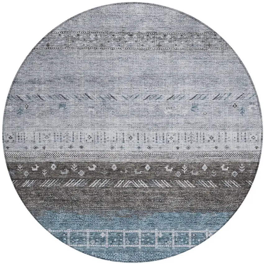 8' Blue Gray And Charcoal Round Southwestern Washable Indoor Outdoor Area Rug Photo 6