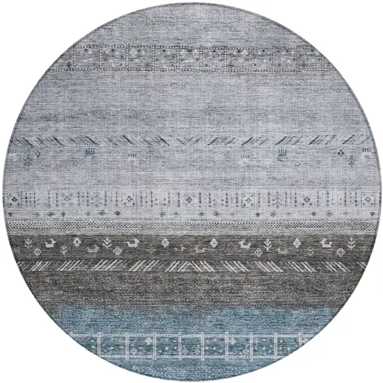 8' Blue Gray And Charcoal Round Southwestern Washable Indoor Outdoor Area Rug Photo 2