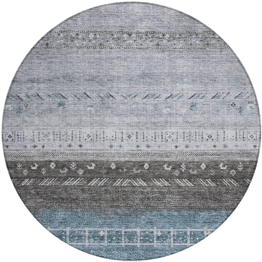 8' Blue Gray And Charcoal Round Southwestern Washable Indoor Outdoor Area Rug Photo 2