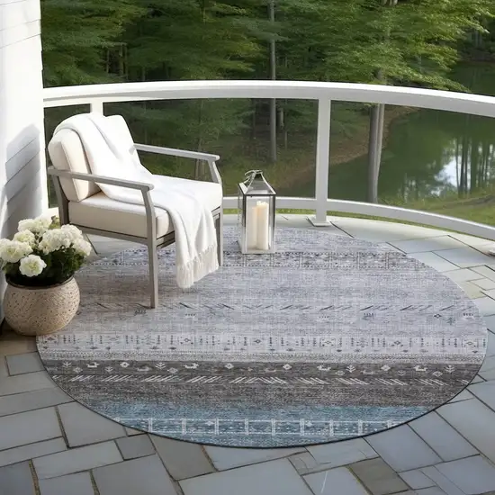 8' Blue Gray And Charcoal Round Southwestern Washable Indoor Outdoor Area Rug Photo 7