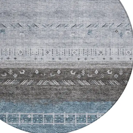 8' Blue Gray And Charcoal Round Southwestern Washable Indoor Outdoor Area Rug Photo 5