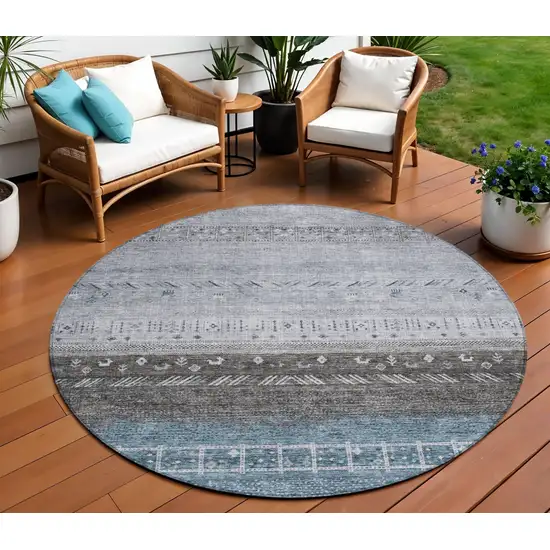 8' Blue Gray And Charcoal Round Southwestern Washable Indoor Outdoor Area Rug Photo 1