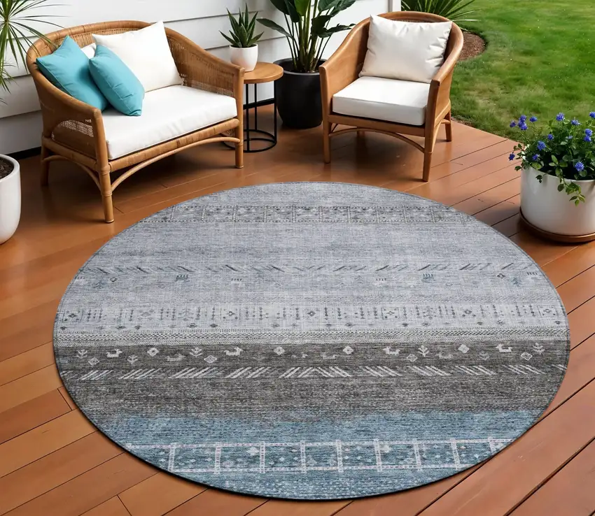 8' Blue Gray And Charcoal Round Southwestern Washable Indoor Outdoor Area Rug Photo 1