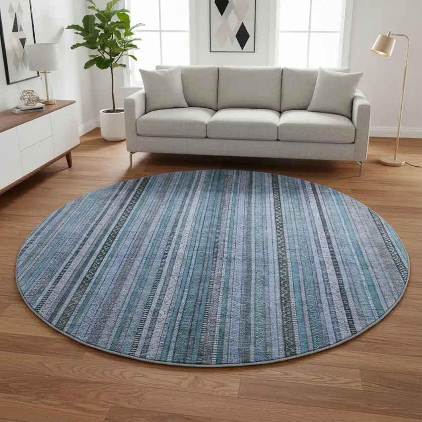 8' Blue Gray And Charcoal Striped Washable Round Rug With UV Protection Photo 2