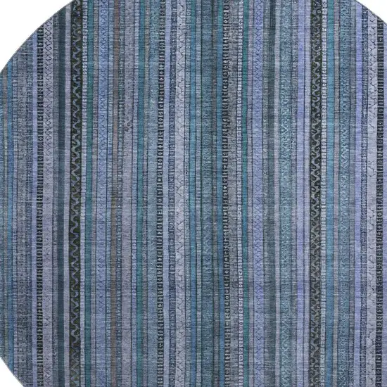 8' Blue Gray And Charcoal Striped Washable Round Rug With UV Protection Photo 2