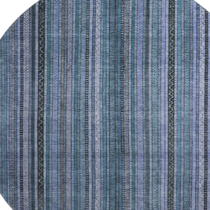 8' Blue Gray And Charcoal Striped Washable Round Rug With UV Protection Photo 2