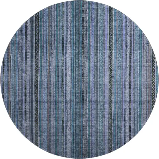 8' Blue Gray And Charcoal Striped Washable Round Rug With UV Protection Photo 1