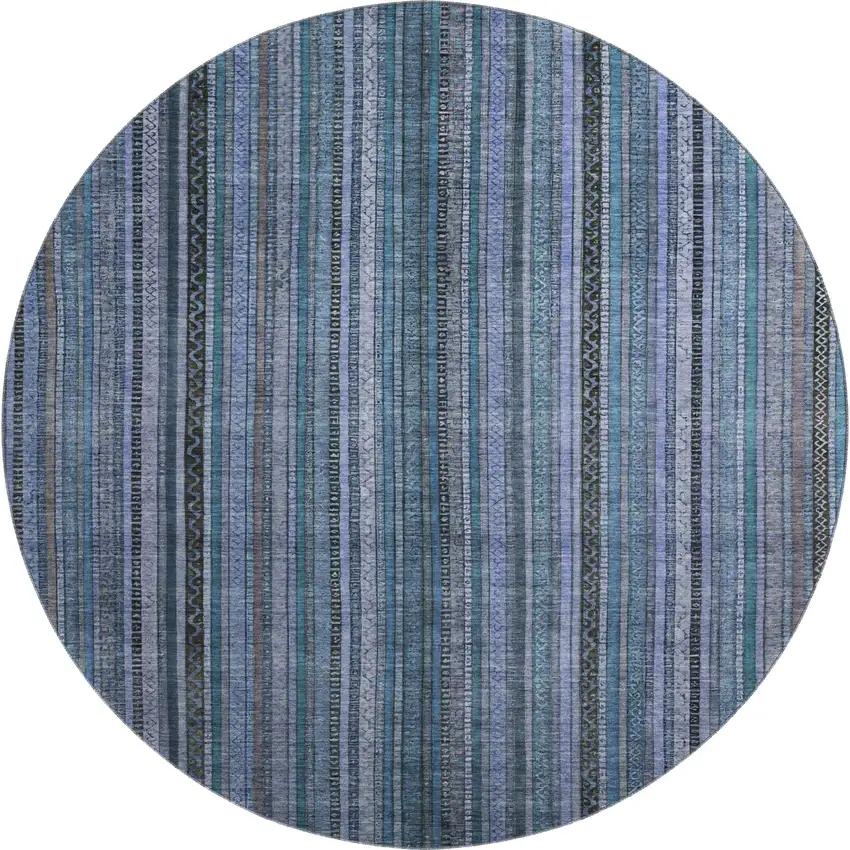 8' Blue Gray And Charcoal Striped Washable Round Rug With UV Protection Photo 1