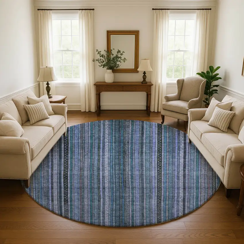 8' Blue Gray And Charcoal Striped Washable Round Rug With UV Protection Photo 4