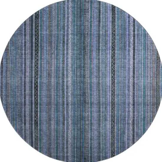 8' Blue Gray And Charcoal Striped Washable Round Rug With UV Protection Photo 3