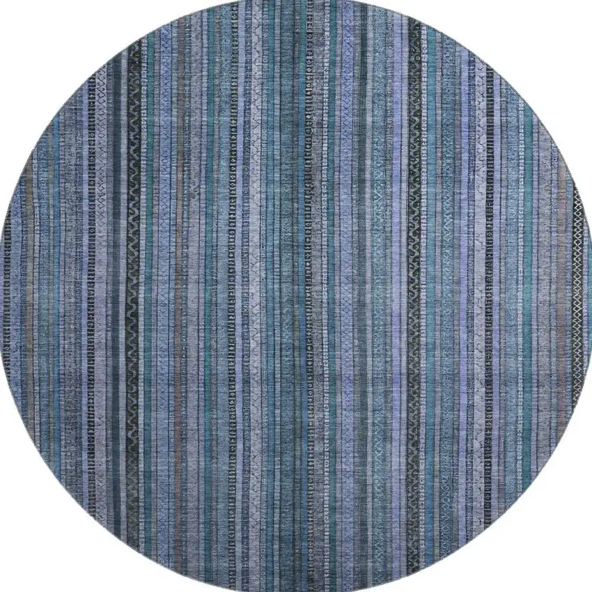 8' Blue Gray And Charcoal Striped Washable Round Rug With UV Protection Photo 3