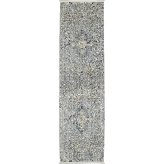 8' Blue Gray And Cream Floral Non Skid Runner Rug With Fringe Photo 3