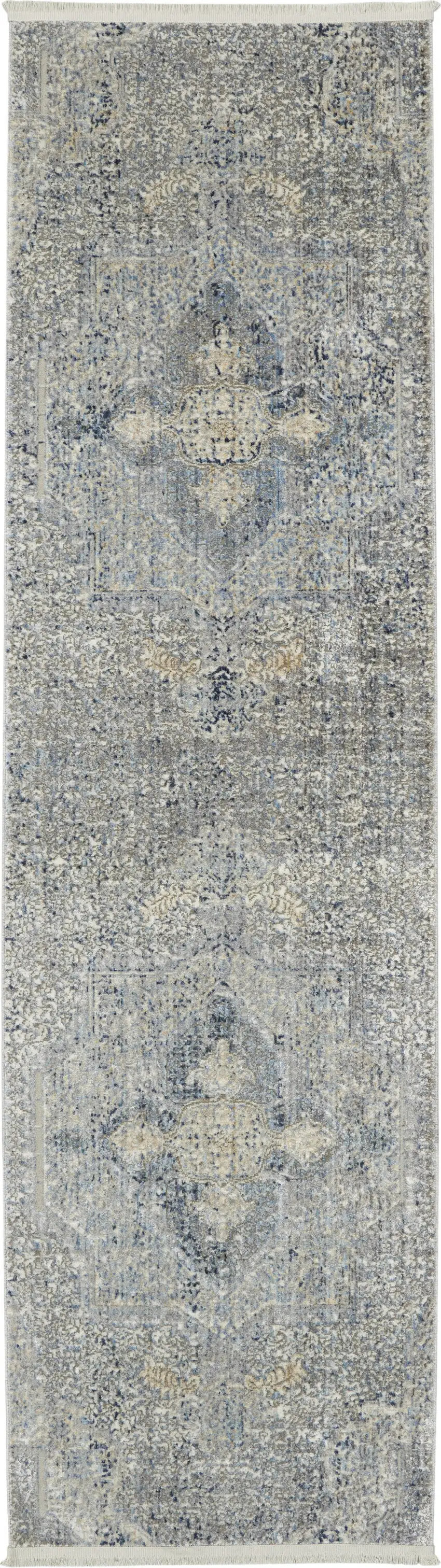8' Blue Gray And Cream Floral Non Skid Runner Rug With Fringe Photo 3