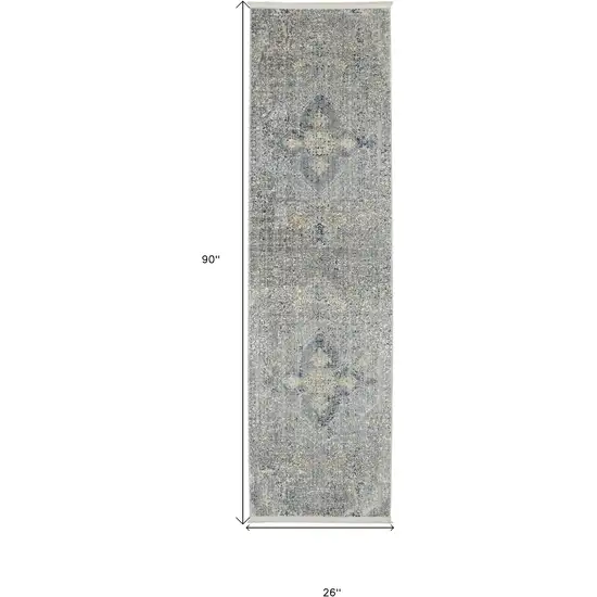 8' Blue Gray And Cream Floral Non Skid Runner Rug With Fringe Photo 9