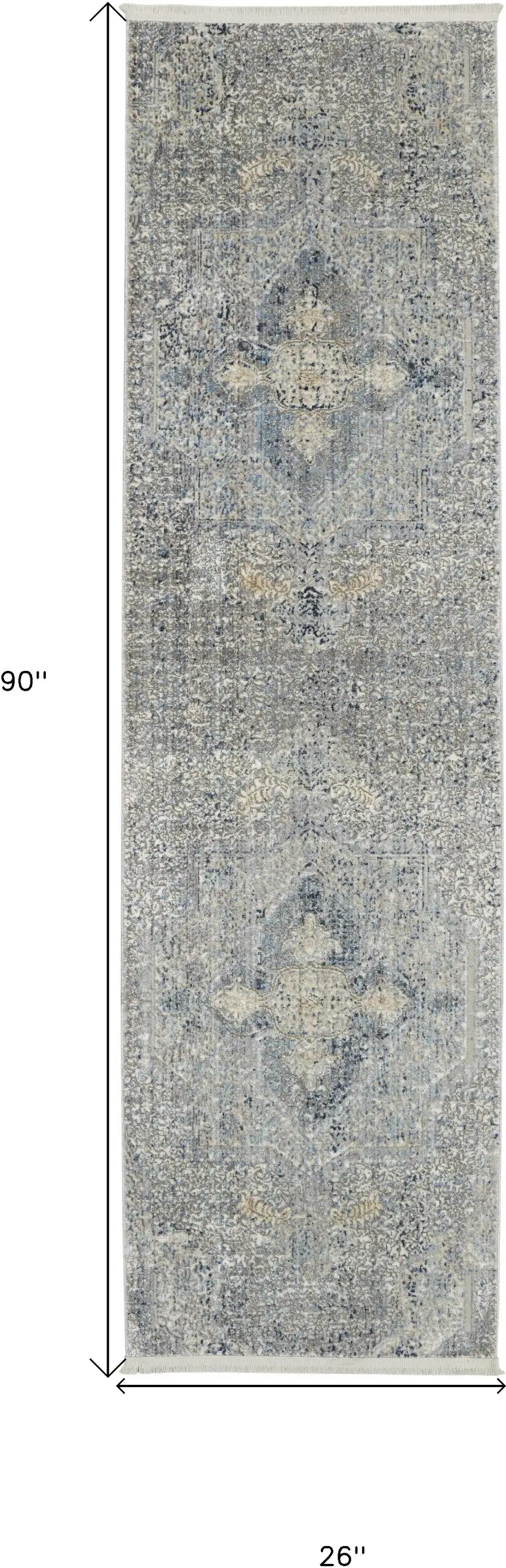 8' Blue Gray And Cream Floral Non Skid Runner Rug With Fringe Photo 9