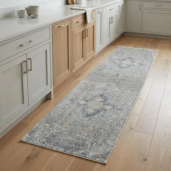 8' Blue Gray And Cream Floral Non Skid Runner Rug With Fringe Photo 1
