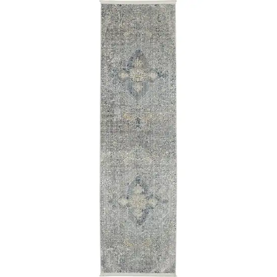 8' Blue Gray And Cream Floral Non Skid Runner Rug With Fringe Photo 2