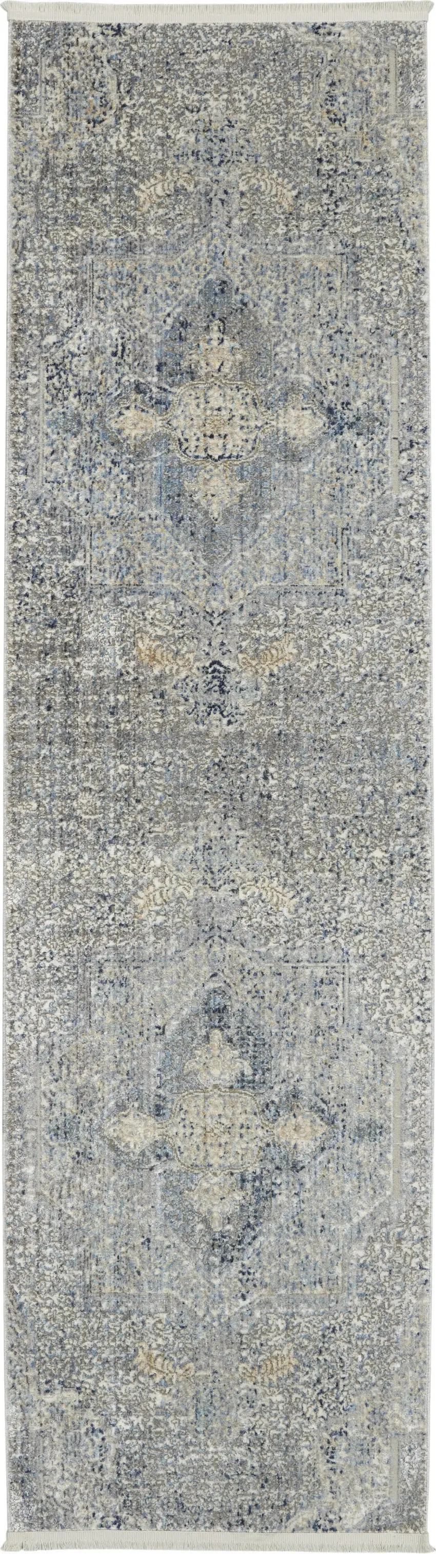 8' Blue Gray And Cream Floral Non Skid Runner Rug With Fringe Photo 2