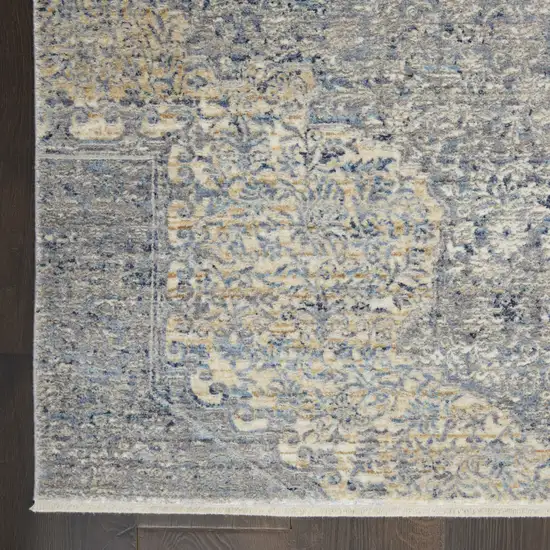 8' Blue Gray And Cream Floral Non Skid Runner Rug With Fringe Photo 7