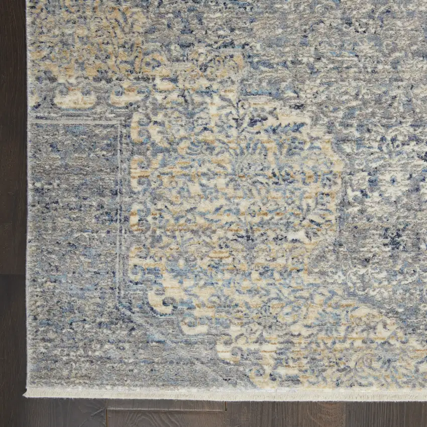 8' Blue Gray And Cream Floral Non Skid Runner Rug With Fringe Photo 7