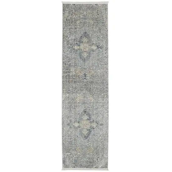 8' Blue Gray And Cream Floral Non Skid Runner Rug With Fringe Photo 2
