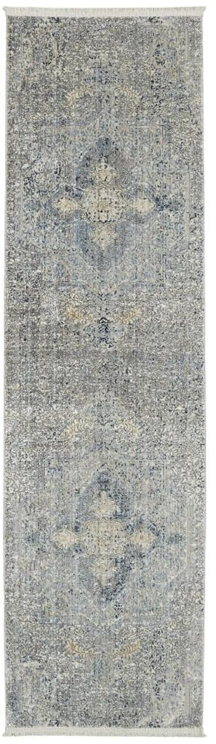 8' Blue Gray And Cream Floral Non Skid Runner Rug With Fringe Photo 2