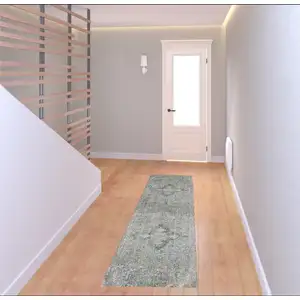 Photo of 8' Blue Gray And Cream Floral Non Skid Runner Rug With Fringe