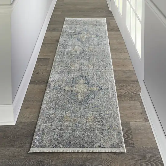 8' Blue Gray And Cream Floral Non Skid Runner Rug With Fringe Photo 5