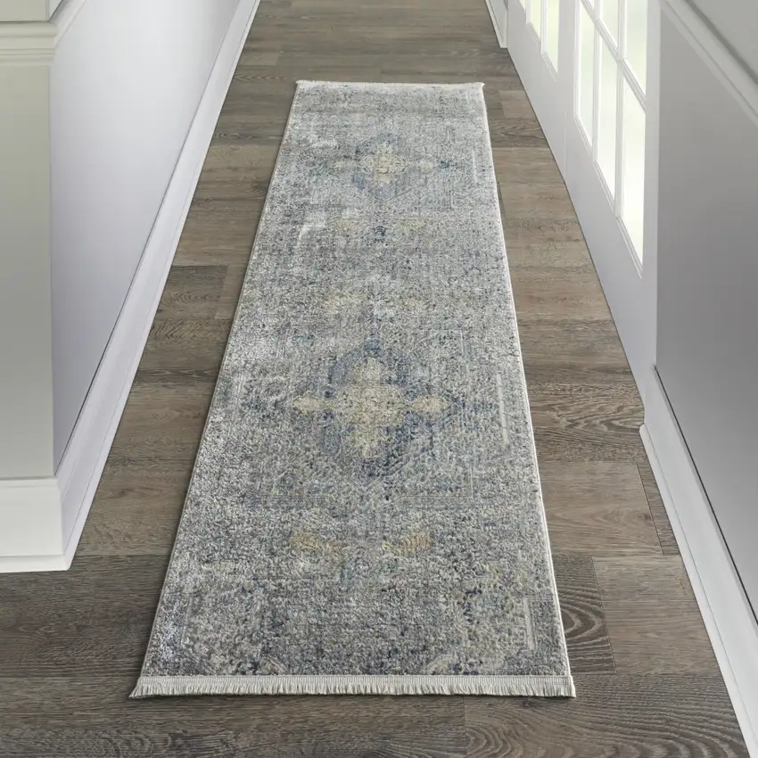 8' Blue Gray And Cream Floral Non Skid Runner Rug With Fringe Photo 5