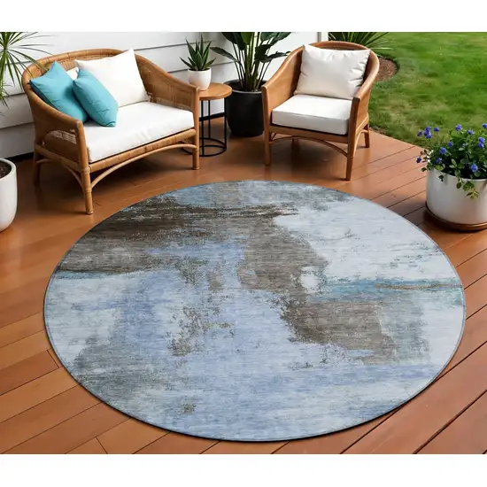 8' Blue Gray And Dark Brown Round Abstract Washable Indoor Outdoor Area Rug Photo 1