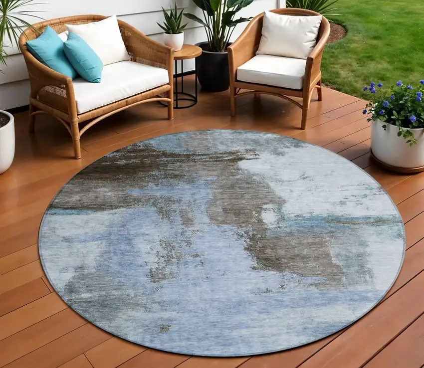 8' Blue Gray And Dark Brown Round Abstract Washable Indoor Outdoor Area Rug Photo 1