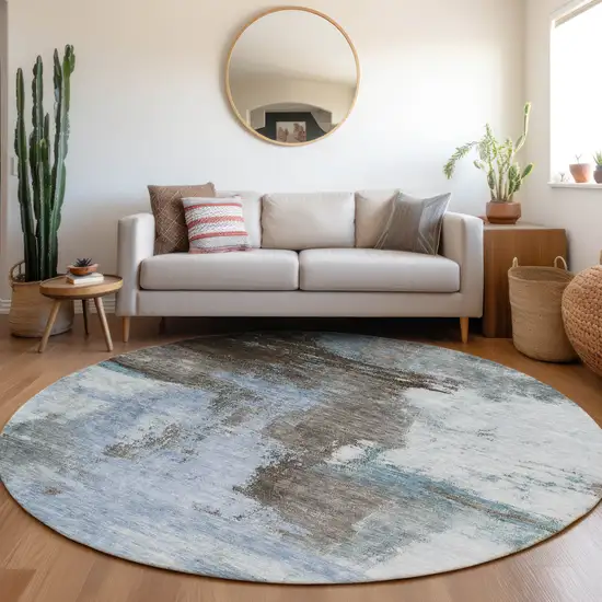 8' Blue Gray And Dark Brown Round Abstract Washable Indoor Outdoor Area Rug Photo 8