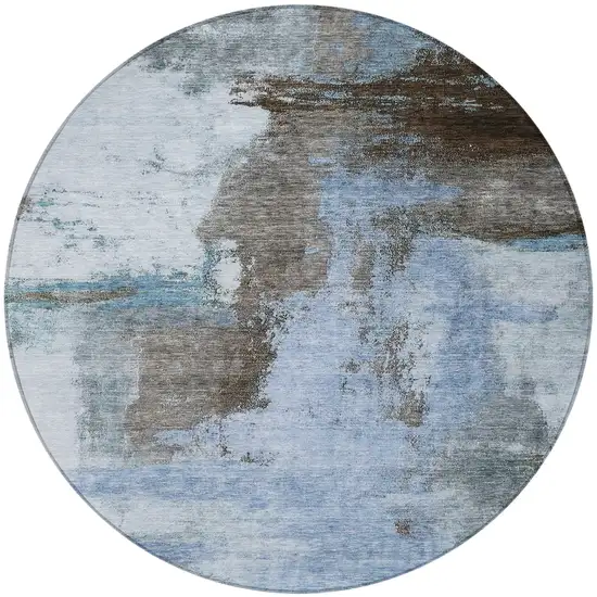 8' Blue Gray And Dark Brown Round Abstract Washable Indoor Outdoor Area Rug Photo 6