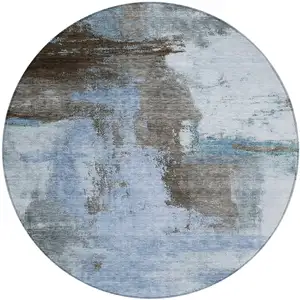Photo of 8' Blue Gray And Dark Brown Round Abstract Washable Indoor Outdoor Area Rug