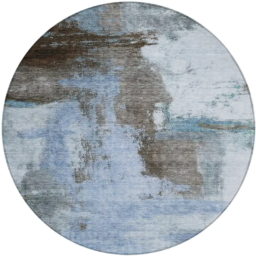 8' Blue Gray And Dark Brown Round Abstract Washable Indoor Outdoor Area Rug Photo 2