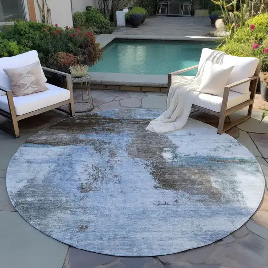 8' Blue Gray And Dark Brown Round Abstract Washable Indoor Outdoor Area Rug Photo 7