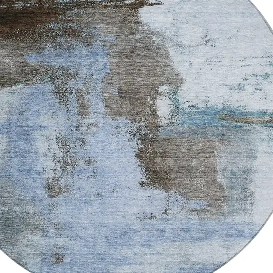 8' Blue Gray And Dark Brown Round Abstract Washable Indoor Outdoor Area Rug Photo 5