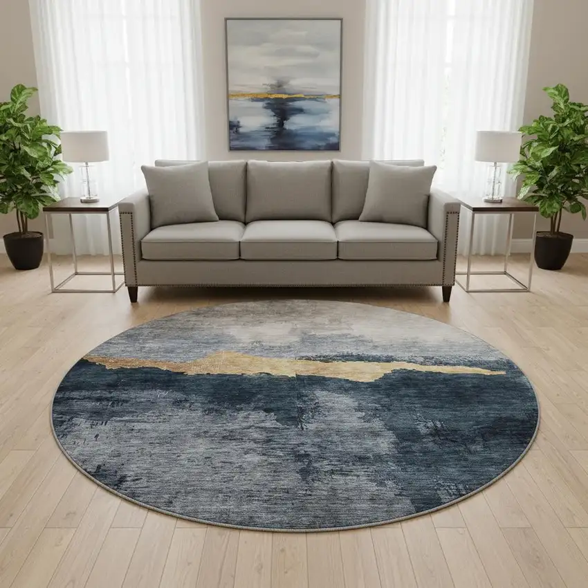 8' Blue Gray And Gold Abstract Washable Round Rug With UV Protection Photo 2