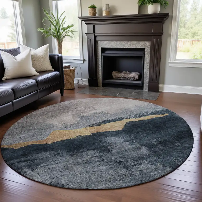 8' Blue Gray And Gold Abstract Washable Round Rug With UV Protection Photo 4