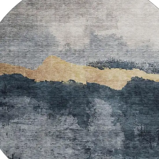 8' Blue Gray And Gold Abstract Washable Round Rug With UV Protection Photo 2